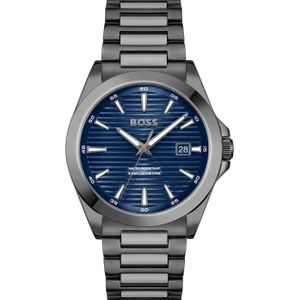 HUGO BOSS BLAUWE WIJZERING IONISCHE PLATED GRIJS STALEN ARMBAND HORLOGE VOOR HEREN - 1514175, Blauw, Klassiek