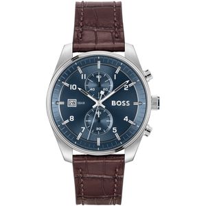 BOSS SKYTRAVELLER Herenhorloge met chronograaf, kwarts, met leren armband of roestvrij staal, Blauw, Klassiek