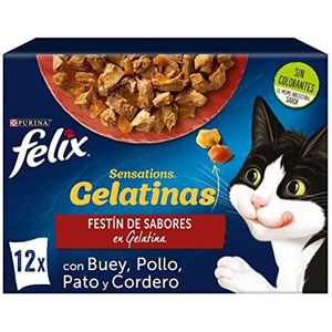 Purina Felix Sensations natvoer voor katten, voor volwassenen, vleessortiment, 6 verpakkingen met 12 zakjes à 85 g, 72 zakjes