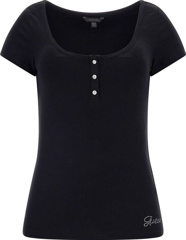 Guess SS Karlee Jewel BTN Henley Dames T-Shirt - Zwart