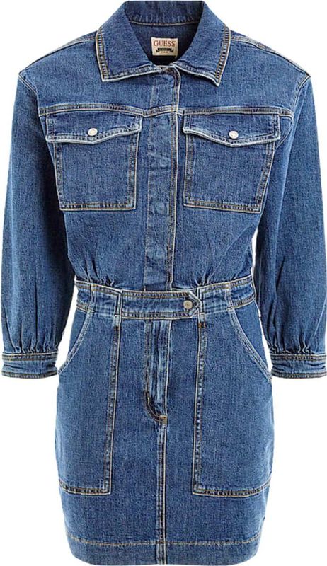 Guess - Eliza Mini Jeans Dress - Blauw - Jeansjurk in Gemengd Katoen - Overhemdkraag - Sluiting met Drukknopen
