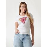 Guess - T-shirt - Ivoor - Stretch Katoen - Korte Mouwen - Bloemendriehoeklogo