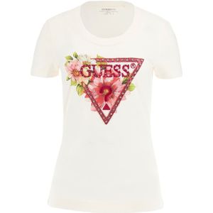 Guess - T-shirt - Ivoor - Stretch Katoen - Korte Mouwen - Bloemendriehoeklogo