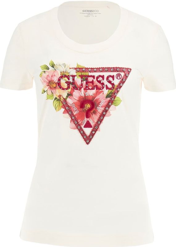 Guess - T-shirt - Ivoor - Stretch Katoen - Korte Mouwen - Bloemendriehoeklogo