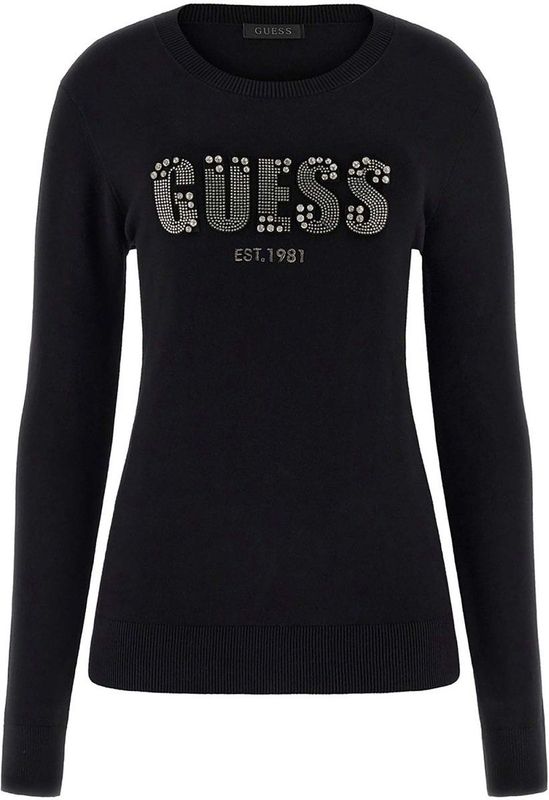 Rhinestone Detail Long Sleeve Knitwear with Round Neck Wo - Black