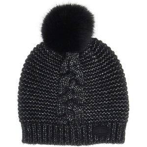 Guess, Accessoires, Dames, Zwart, M, Leer, Gebreide Beanie Muts met Pom Pom