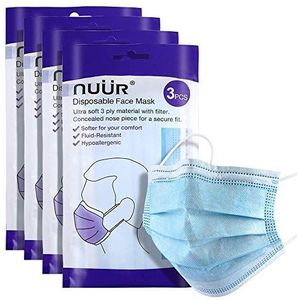 NUÜR, (12 stuks) 3-laags wegwerpmasker met elastische oorlus, ademend bekermasker met beschermende filterlaag. Eén maat, geschikt voor iedereen. (4 verpakkingen van 3 stuks)