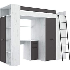FurnitureByJDM - Hoogslaper met Bureau, Kledingkast en Boekenkast - VERANA R - (Ambacht Wit/Grafiet)