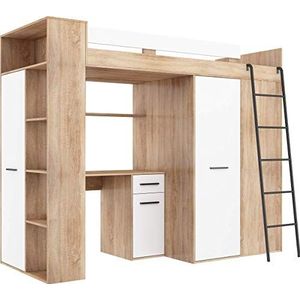 FurnitureByJDM - Hoogslaper met bureau, kledingkast en boekenkast - VERANA R - (Eiken Sonoma/Wit)