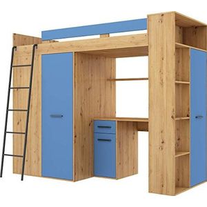 FurnitureByJDM - Hoogslaper met Bureau, Kledingkast en Boekenkast - VERANA L - (Eiken Artisan/Blauw)