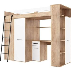 FurnitureByJDM - Hoogslaper met Bureau, Kledingkast en Boekenkast - VERANA L - (Eiken Sonoma/Wit)