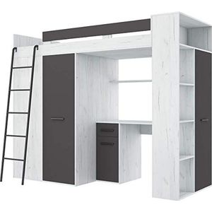 FurnitureByJDM - Hoogslaper met Bureau, Kledingkast en Boekenkast - VERANA L - (Ambacht Wit/Grafiet)