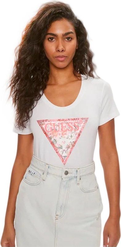 Guess SS RN Satin Triangle Tee Dames T-Shirt - Wit