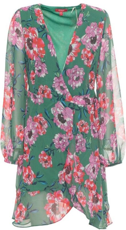 Guess - Jurk - Groen - Multicolor - V-hals - Lange Mouwen - Normale Pasvorm