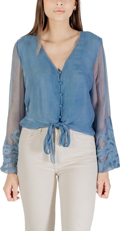 Guess - Blouse - Lichtblauw - V-Hals - Lange Mouwen - Knopen