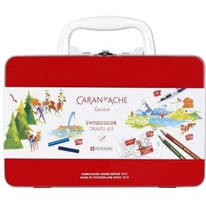 Caran d'Ache Swisscolor reisset koffer van rood metaal met sluitsysteem van metaal en witte kunststof handgreep, 3000.223