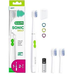 GUM Sonic Sensitive batterij aangedreven elektrische tandenborstel | Zeer draagbaar | Biedt ultra zachte en diepe schoon | X1 borstel, X2 vervangende koppen, X1 batterij AAA (Wit)