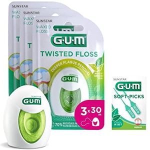GUM Gedraaide tandzijde | Verwijdert tandplak tussen tanden en onder de tandvleeslijn | tot 30% meer tandoppervlak | 30 m | 3 x 1 stuk (met 1 bonusmonster)