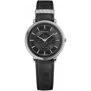 Versace Cirkel Leren Horloge Zwart , Gray , Dames , Maat: ONE Size