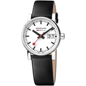 Mondaine Evo2 MSE.30210.LB dameshorloge met zwarte leren band, waterbestendig, 30 mm, zwart, riem, zwart., Riem
