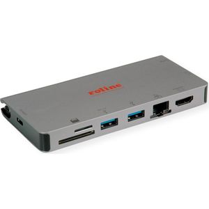 ROLINE USB Type C docking station, HDMI 4K, VGA, 2x USB 3.2 Gen 1, LAN, PD, kaartlezer - zilver 12.02.1022