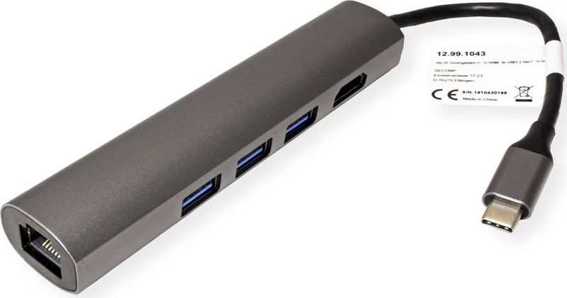 USB-C - HDMI Adapter - Zwart - 0,10 Meter - Met 3x USB-A en RJ45