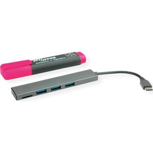 ROLINE USB 3.2 Gen 1 hub, 3-voudig, type C aansluitkabel, met CardReader - grijs 14.02.5051