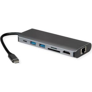 ROLINE dockingstation USB Type C, 8K30 HDMI, 2x USB3.2 Gen1 (A), 1x PD, 1x LAN, SD/MicroSD - grijs 12.02.1123