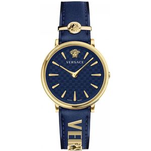 Versace V Circle Blauw/Goud Leren Horloge , Blue , Dames , Maat: ONE Size