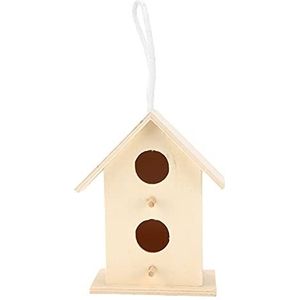 Hangend vogelhuis van hout, vogelhuis van hout, natuurlijk en milieuvriendelijk, draagbaar en licht voor kleine vogels voor huis of tuin (dubbele laag met twee gaten nr. 2)