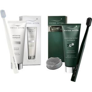 Swiss Smile Verzorging Tandverzorging Day & Night Dental Beauty Kit Whitening Toothpaste 75 ml + Toothbrush White + Vitalizing Herbal Toothpaste 75 ml + Toothbrush Black + Waxed Dental Tape