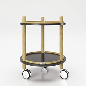 PLAYBOY Bijzettafel op wieltjes met 2 planken, zwart/hout, serveerwagen, bloementafel, in modern design, mat zwart met frame van milieuvriendelijke bamboe, eenvoudig te verplaatsen, badkamerrek