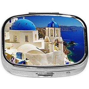 Santorini Griekse eiland zeezicht print pillenorganizer 2 compartimenten pillendoos draagbare medicijnpillendoos voor buiten reizen