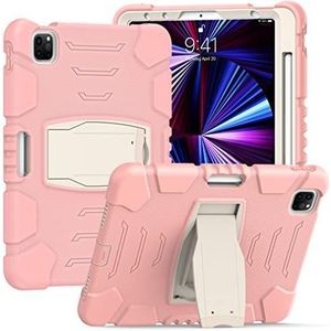 Hoesje voor iPad Pro 12,9 inch 2021/2020/2018 (5/4/3 generatie) met potloodhouder, robuuste schokbestendige beschermhoes met verborgen beugel, roze