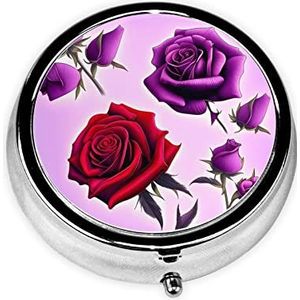 Pillenorganizer, ronde verpakking, medicijnpillendoosje met 3 compartimenten, draagbare pillendoos, pillendispenser en paarse rozen