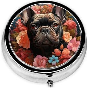 Bulldog en bloemen print ronde pillendoos 3 compartimenten draagbare mini pillenetui metalen pillenorganisator pillencontainer voor zakportemonnee kantoor reizen