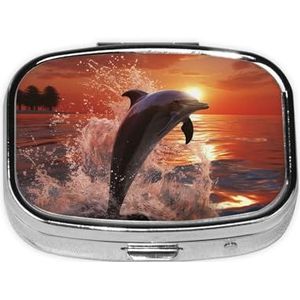 Dolfijn springen in water print vierkante pillendoos met 2 compartimenten draagbare mini pillenetui metalen pillenorganisator pillencontainer voor zakportemonnee kantoor reizen
