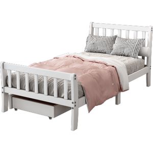 Sweiko houten bed, eenpersoonsbed, jeugdbed, hoogslaper, bed voor volwassenen, met laden voor opslag, grenenhouten frame, wit (90x200cm)