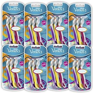 Gillette Venus 3 Colors, Scheerapparaten voor dames, 24 stuks (3 x 8), Wegwerpscheermes voor vrouwen met 3 mesjes