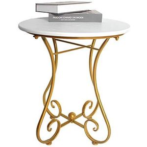 Prachtige salontafel, smeedijzeren Europese stijl balkon/tuin ronde tafel, gouden statief + witte tafelblad bank bijzettafel/hoektafel (afmetingen: 55X65CM)