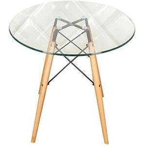 Prachtige salontafel, Scandinavische stijl transparant gehard glazen tafelblad + massief houten tafelpoten, ronde eettafel/onderhandelingstafel (afmetingen: 80X73CM)