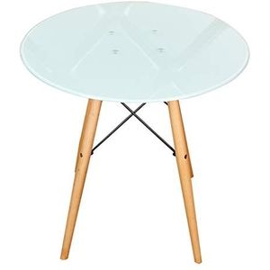 Prachtige salontafel, Scandinavische stijl wit gehard glazen tafelblad + massief houten tafelpoten, ronde eettafel/onderhandelingstafel (afmetingen: 80X73CM)