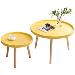 Prachtige 2PCS combinatie salontafel, kleine bank bijzettafel, kleine ronde tafel in de woonkamer, massief houten tafelpoten (Kleur: Geel)