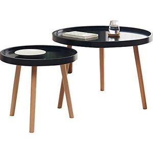 Prachtige 2PCS combinatie salontafel, kleine bank bijzettafel, kleine ronde tafel in de woonkamer, massief houten tafelpoten (Kleur: Zwart)