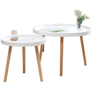 Prachtige 2PCS combinatie salontafel, kleine bank bijzettafel, kleine ronde tafel in de woonkamer, massief houten tafelpoten (Kleur: Wit)