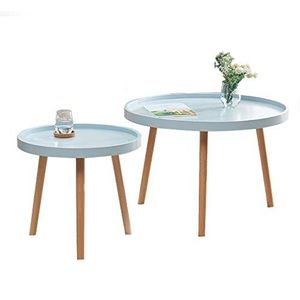 Prachtige 2PCS combinatie salontafel, kleine bank bijzettafel, kleine ronde tafel in de woonkamer, massief houten tafelpoten (Kleur: Blauw)