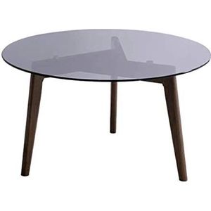 Prachtige ronde salontafel, aanrecht van doorschijnend gehard glas, walnootkleurig massief hout, tafelbasis met houtnerf, salontafel (afmetingen: 50X45CM)