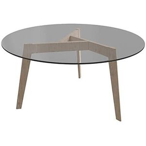 Prachtige ronde salontafel, aanrechtblad van doorschijnend gehard glas, poten van massief hout met houtnerf, salontafel (afmetingen: 60X45CM)
