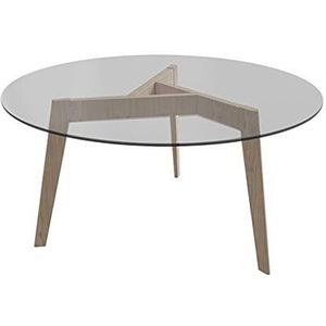 Prachtige ronde salontafel, aanrechtblad van transparant gehard glas, tafelonderstel van massief houtnerf (natuurlijke houtkleur), salontafel (afmetingen: 50X45CM)