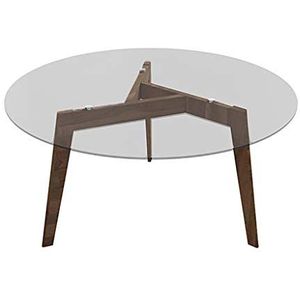 Prachtige ronde salontafel, aanrechtblad van transparant gehard glas, walnootkleurig massief hout, tafelbasis met houtnerf, salontafel (afmetingen: 50X45CM)